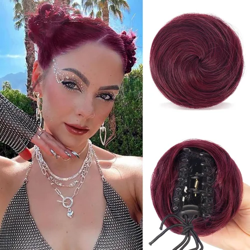 Miniatura 10 de Sofeiyan 2 piezas de extensión de cabello rizado ondulado en forma de moño desordenado, mini moño desordenado con banda elástica, peluca sintética