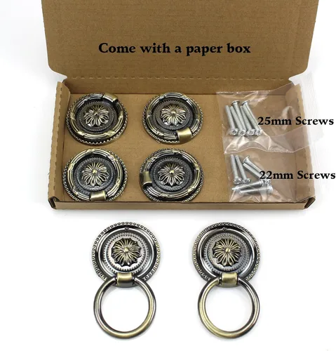 Miniatura 2 de Tiradores de cajones antiguos de bronce de 1.77 pulgadas para gabinete, 6 paquetes Anillos de tracción, manijas redondas para cajones, perilla