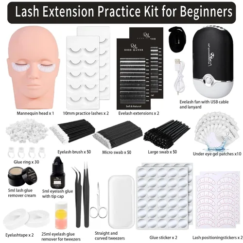 Miniatura 2 de Kit de extensión de pestañas para principiantes, con cabeza de maniquí, pegamento de pestañas individual, removedor de pestañas, abanico, Rosa