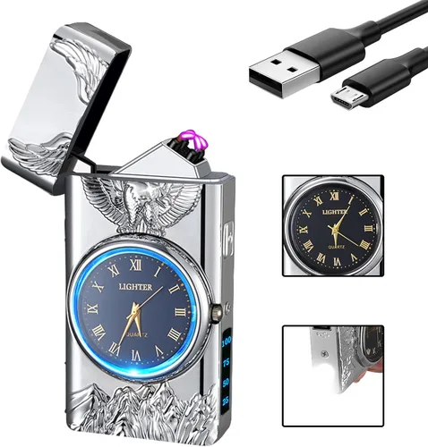 Miniatura 13 de Reloj Eléctrico Genial con Encendedor de Plasma de Doble Arco, Resistente al Viento, Recargable por USB con Indicación de Batería para Fuego, Dragón