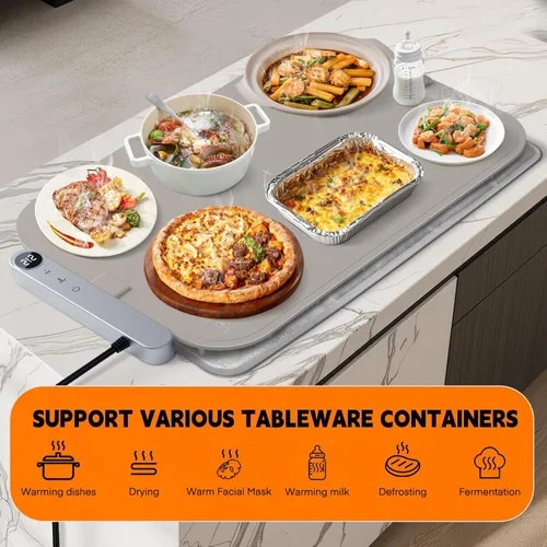 Miniatura 6 de Homelove Tapete de calentamiento para alimentos, bandeja de calentamiento eléctrica con 6 niveles de temperatura y ajuste de horas, calefacción
