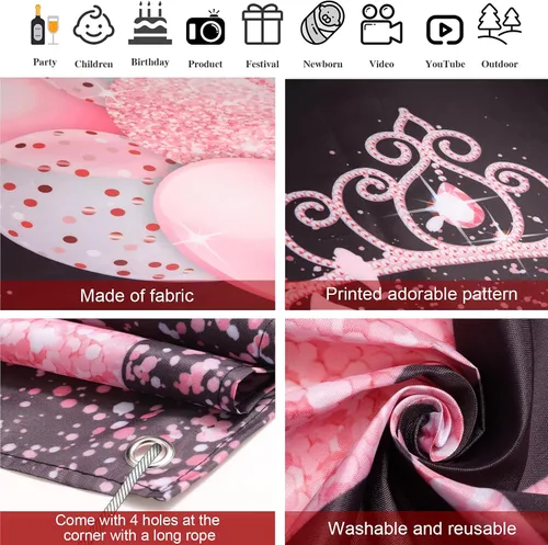 Miniatura 3 de Sumind Decoración de pancarta de feliz cumpleaños, fondo de cumpleaños negro y rosa, 6 x 3.6 pies, oro rosa y negro, decoraciones de fiesta