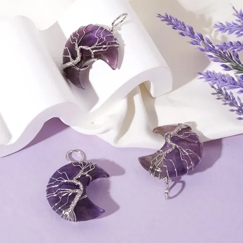 Miniatura 4 de Beadthoven - Dijes de árbol de la vida con luna creciente, dijes de piedra de amatista, colgantes de piedras naturales envueltas en alambre, dijes