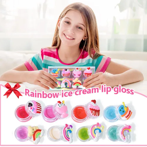 Miniatura 2 de Mebtmel 8 piezas de brillo labial lindo para niñas, set de bálsamo labial para regalos de fiesta para niños, sabores surtidos afrutados con diseños