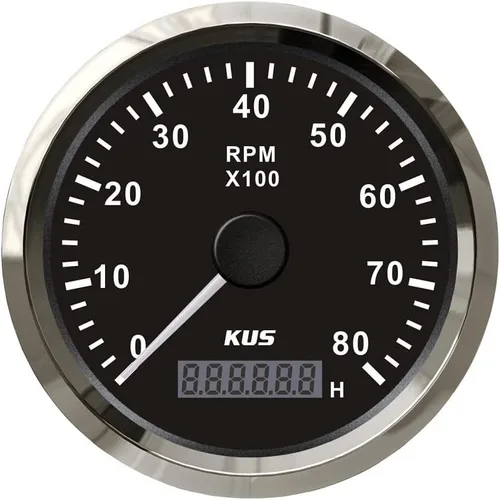 Kus Tacómetro de 3.346 in RPM REV Contador con medidor de horas 8000RPM con retroiluminación 12V/24V (8K-Negro+Acero Inoxidable)