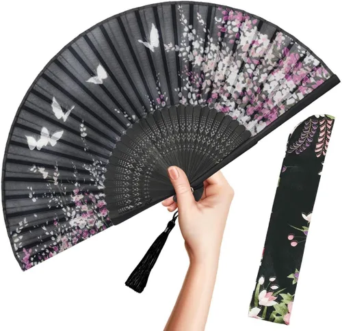 Miniatura 12 de OMyTea abanico plegable de mano para mujer - abanico de bambú y seda vintage chino/japonés plegable - para sofocos, iglesia, EDM, festival