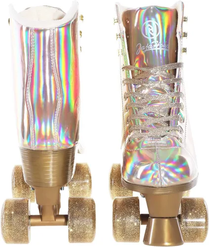 Miniatura 8 de JajaHoho Patines de ruedas para mujer, patines de cuero PU holográficos de alta calidad, patines de cuatro ruedas brillantes de doble fila