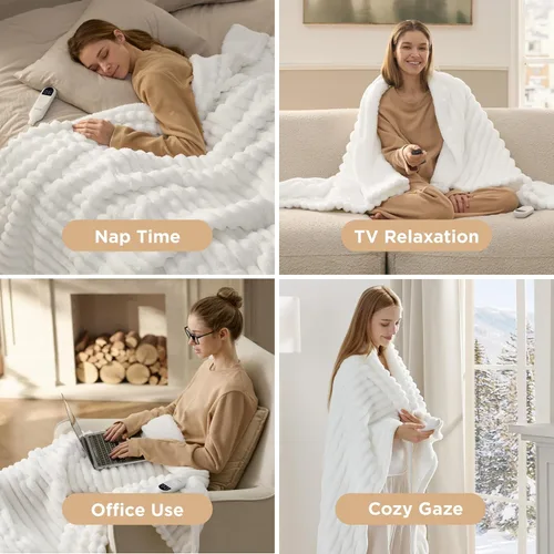 Miniatura 6 de Bedsure Manta eléctrica individual – Manta eléctrica de franela gruesa a rayas, calefacción con 6 ajustes de tiempo (hasta 10 horas), 6 ajustes