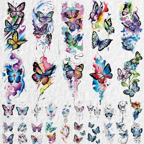Miniatura 2 de Cerlaza 79 hojas de tatuajes de mariposa 3D temporales realistas para mujeres adultas, tatuajes falsos de acuarela, calcomanías temporales