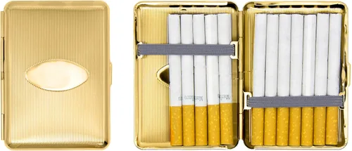 Miniatura 12 de Juego de 2 cajas de cigarrillos compactas chapadas en metal tamaño King con bandas elásticas (pergamino victoriano dorado)