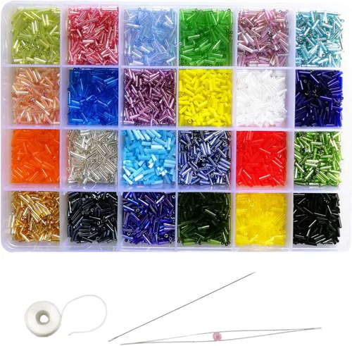 Crafts Cuentas de cristal para corneta de 0.236 in, cuentas espaciadoras de tubo, agujas con caja organizadora para hacer joyas (24 juegos