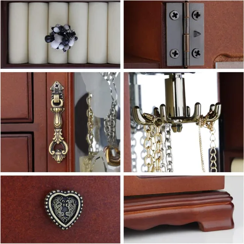 Miniatura 3 de RR ROUND RICH DESIGN Joyero de madera maciza para maquillaje y organizador de anillos para mujer, con 4 cajones integrados, collar carrusel y espejo