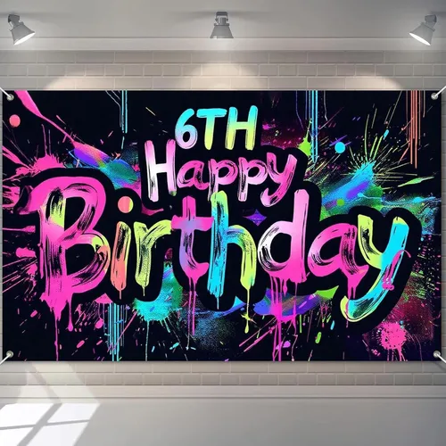 Miniatura 14 de HOMETITUTE Pancarta de Neón de Feliz 10mo Cumpleaños 71 x 43 pulgadas, Salpicadura de Pintura que Brilla en la Oscuridad, Telón de Fondo