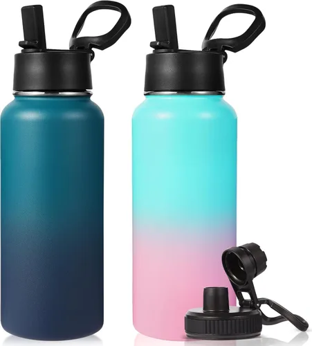 Miniatura 16 de Neihepal Botella de agua aislada de 32 onzas con 2 tapas (tapa con pajilla y boquilla), botellas de agua de doble pared de acero inoxidable 18/8
