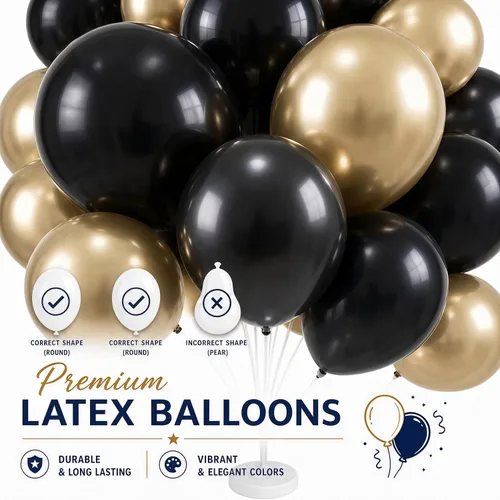 Miniatura 5 de Kit de columna de globos para piso: juego de 2 soportes para globos, con globos cromados metálicos negros y dorados, base y poste, decoración