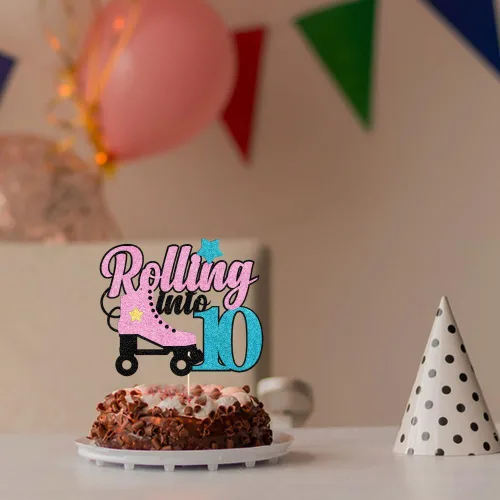 Miniatura 6 de Decoración para tartas de 10 años con diseño de patín de 10 años, decoración de pastel de 10 años de edad, retro, para niñas, club, hip hop, fiesta