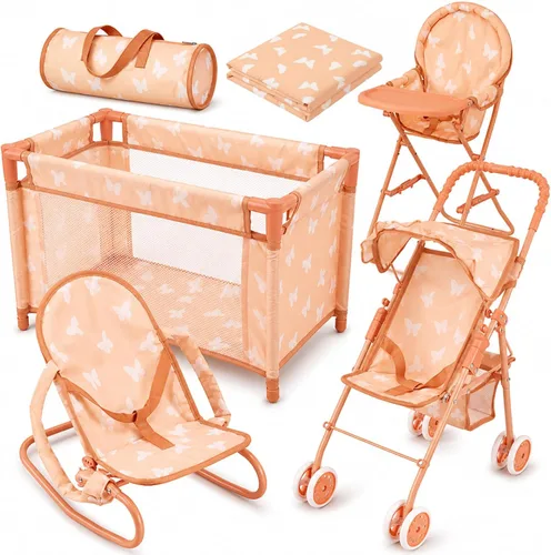 Juego de cochecito de muñeca bebé 4 en 1 con diseño de mariposa – Incluye cochecito de juguete, cuna, mecedora y silla alta – Accesorios para