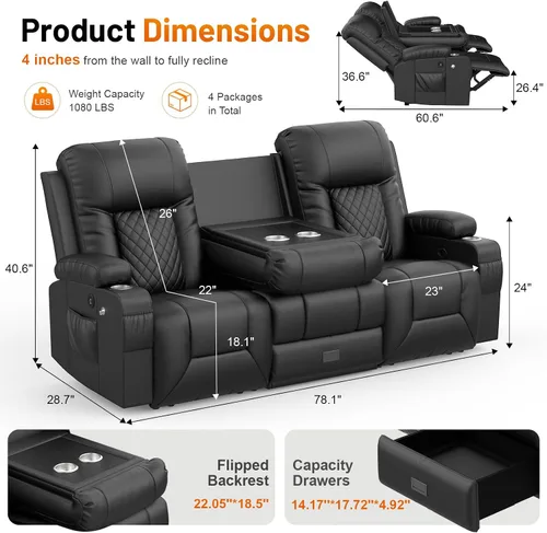 Miniatura 2 de FURNIMAT Sofá reclinable biplaza, sofá reclinable doble de 3 plazas con consola abatible, moderno sofá biplaza de cuero PU para sala de estar/casa