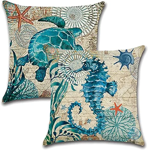 7COLORROOM Paquete de 2 fundas de almohada de playa/costera, tortuga marina/caballo marino, fundas de cojín decorativas de algodón y lino, 20 x 20