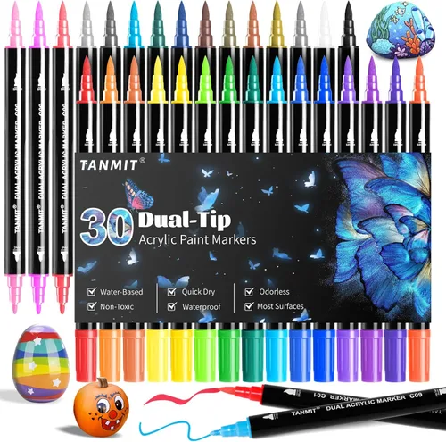 TANMIT - Bolígrafos de pintura acrílica de 30 colores, marcadores de pintura acrílica de doble punta con punta de pincel y punta fina, bolígrafos