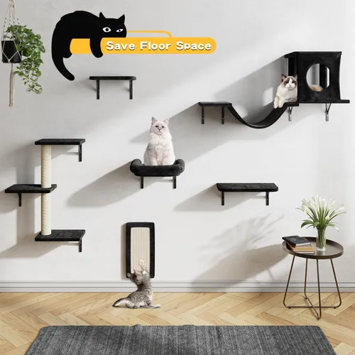 Miniatura 4 de NUNU LAB Estantes de muro para gatos, juego de 6 piezas de lujo montado en la pared, muebles para gatos interiores con 1 casa tipo condominio, 2