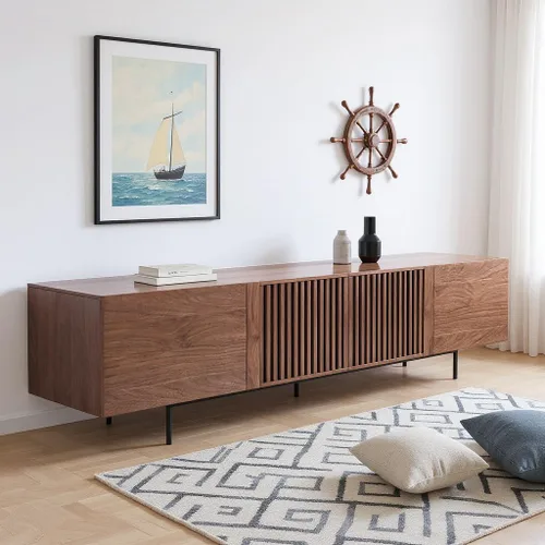 Miniatura 8 de Soporte de TV moderno de mediados de siglo de 70.87 pulgadas, centro de entretenimiento con 4 gabinetes de almacenamiento, mesa consola multimedia