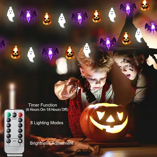 Miniatura 6 de Zimati Luces decorativas de Halloween, 16 pies, 30 LED, impermeables, 3D, calabaza, murciélago, fantasma, funciona con pilas, con temporizador, 8