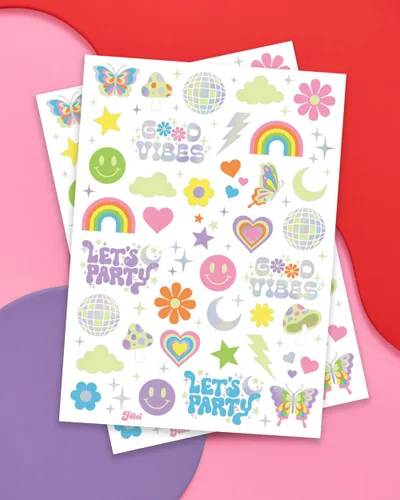 Miniatura 2 de xo, Fetti Groovy Disco que brilla en la oscuridad + tatuajes temporales de aluminio – 82 piezas Suministros de fiesta de cumpleaños Flower Power