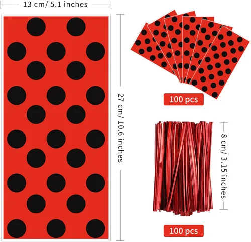 Miniatura 2 de Lecpeting 100 bolsas de golosinas de mariquita, bolsas de dulces de celofán con lunares rojos y negros, regalos de fiesta de mariquita con lazos