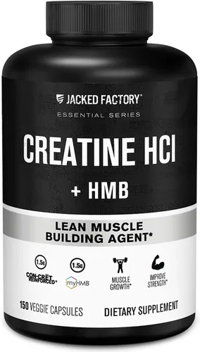 Jacked Factory Cápsulas de creatina HCL + HMB - Fórmula sinérgica CON-CRET, myHMB y vitamina D para mejorar el crecimiento, la fuerza y la reducción