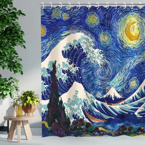 Miniatura 29 de RosieLily Cortina de ducha con diseño de lago de montaña, cielo nocturno estrellado, paisaje de luna y bosque para baño, 72 pulgadas de ancho x 72