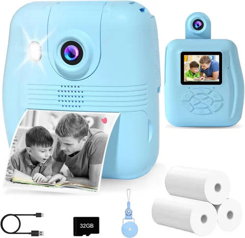 GKTZ Cámara para niños de impresión instantánea: cámara de video digital de 2.4 pulgadas para niños pequeños y niños de 3 a 12 años, con 3 rollos de