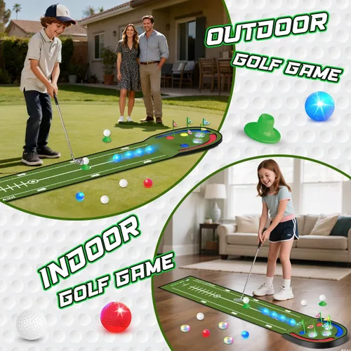 Miniatura 8 de TERRAMUS Alfombra de Golf Mejorada para Niños, Verde de Golf de 2.37 m con Agujeros LED Iluminados, Bolas Luminosas, 2 Palos, Juego de Golf