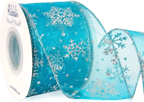 Miniatura 11 de Ribbli Cinta con alambre de purpurina de copo de nieve, organza dorada transparente con patrón de copo de nieve con purpurina dorada y borde