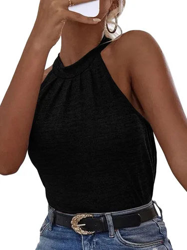 Miniatura 4 de Rooscier Blusa sin mangas plisada sin mangas con cuello halter para mujer