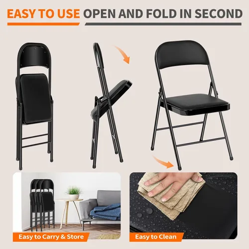 Miniatura 6 de Paquete de 6 sillas plegables, sillas plegables acolchadas con marco de metal, silla plegable negra para oficina, fiestas, reuniones, eventos al