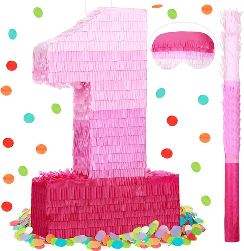 Sratte Piñata con números de piñata rosa, decoraciones de cumpleaños, degradado con palo, confeti para niñas y niños, suministros de decoración de