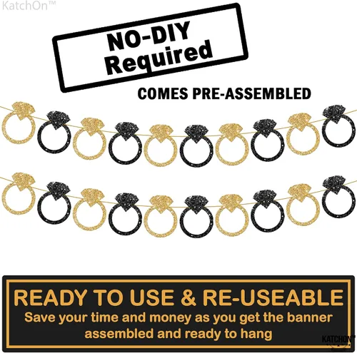 Miniatura 5 de KatchOn Cartel dorado con purpurina de la novia para ser – 10 pies, pre-encordado, sin bricolaje Anillo de diamante negro y dorado con purpurina