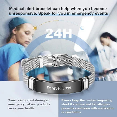 Miniatura 124 de OPALSTOCK Pulseras médicas personalizadas de silicona ajustable para identificación de emergencias, grabado gratuito, 9 pulgadas, resistente al