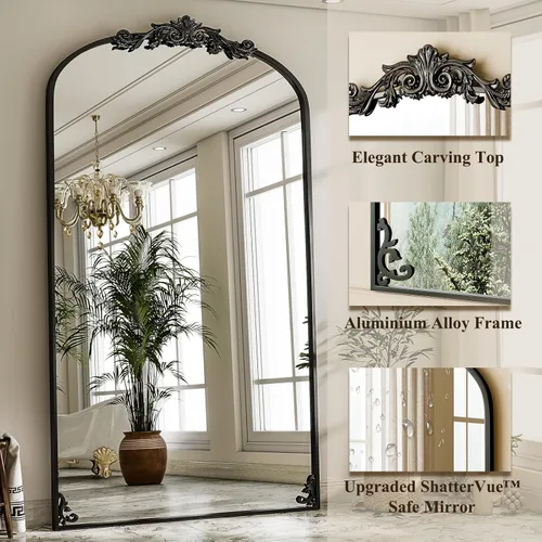 Miniatura 4 de GLSLAND Espejo Vintage - 72" x 44" Espejo de Cuerpo Completo Grande Tallado Arqueado con Marco de Metal Barroco Espejos de Cuerpo Completo para Negro