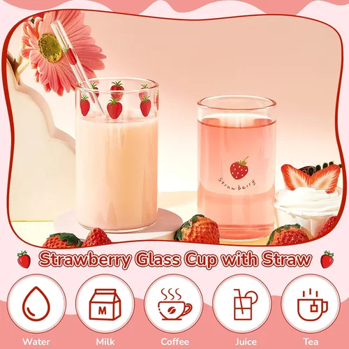 Miniatura 3 de Tessco para ti 2 juegos de tazas de fresa Taza de vidrio de fresa Nana con pajita Vaso de vidrio Vaso de chupito transparente Patrón de bayas Taza