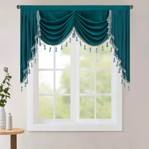 Miniatura 46 de StangH Cortinas decorativas de lujo, cenefa azul con bloqueo de luz, cenefa festoneada para ventana pequeña con bolsillo sólido para barra, cortina