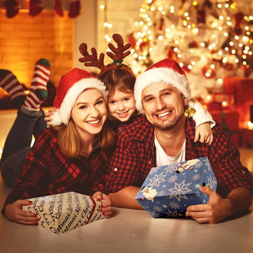 Miniatura 4 de Hojas de papel de regalo de Navidad, papel de regalo Kraft reciclado azul marino y marrón con etiquetas y pegatinas, papel de regalo de 6 hojas