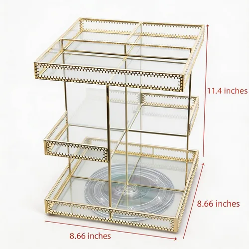 Miniatura 2 de Organizador de cosméticos de vidrio dorado de 3 niveles con rotación de 360 grados, bandeja de perfume giratoria de alta calidad, exhibición