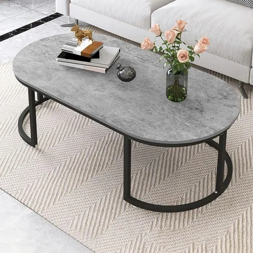 Miniatura 8 de Mesa auxiliar, moderna y ovalada, mesa de centro minimalista de madera para sala de estar, almacenamiento gris oscuro incluido, 39.5 pulgadas