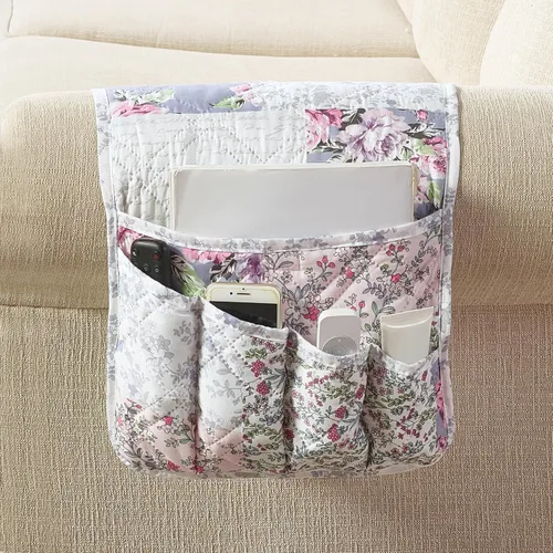 Miniatura 10 de Brilliant Sunshine - Organizador de apoyabrazos de sofá de terciopelo gris con 5 bolsillos, soporte antideslizante para sillón reclinable