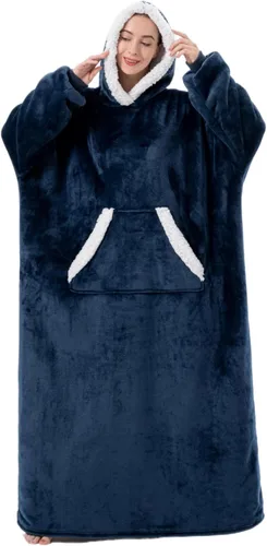 Sioloc - Manta con capucha de gran tamaño para mujeres/niños/hombres, sudadera con capucha de sherpa extragrande y acogedora Azul marino