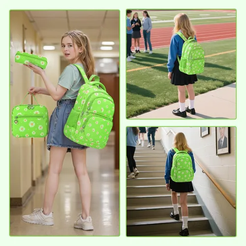 Miniatura 55 de goldwheat Mochilas impresas margaritas con paquete de almuerzo, estuche de lápices 3pcs, bolsa ligera resistente al agua para la escuela secundaria