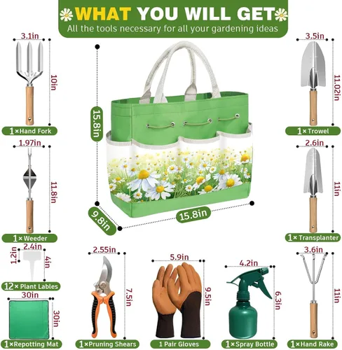 Miniatura 2 de Juego de 22 piezas de herramientas de jardín para mujeres, kit de herramientas manual resistente con bolsa grande/alfombrilla de Verde