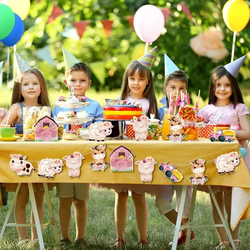 Miniatura 7 de Hotop 42 piezas de recortes florales de animales de granja, decoración de fiesta temática de granja rosa con 60 puntos de pegamento para niñas